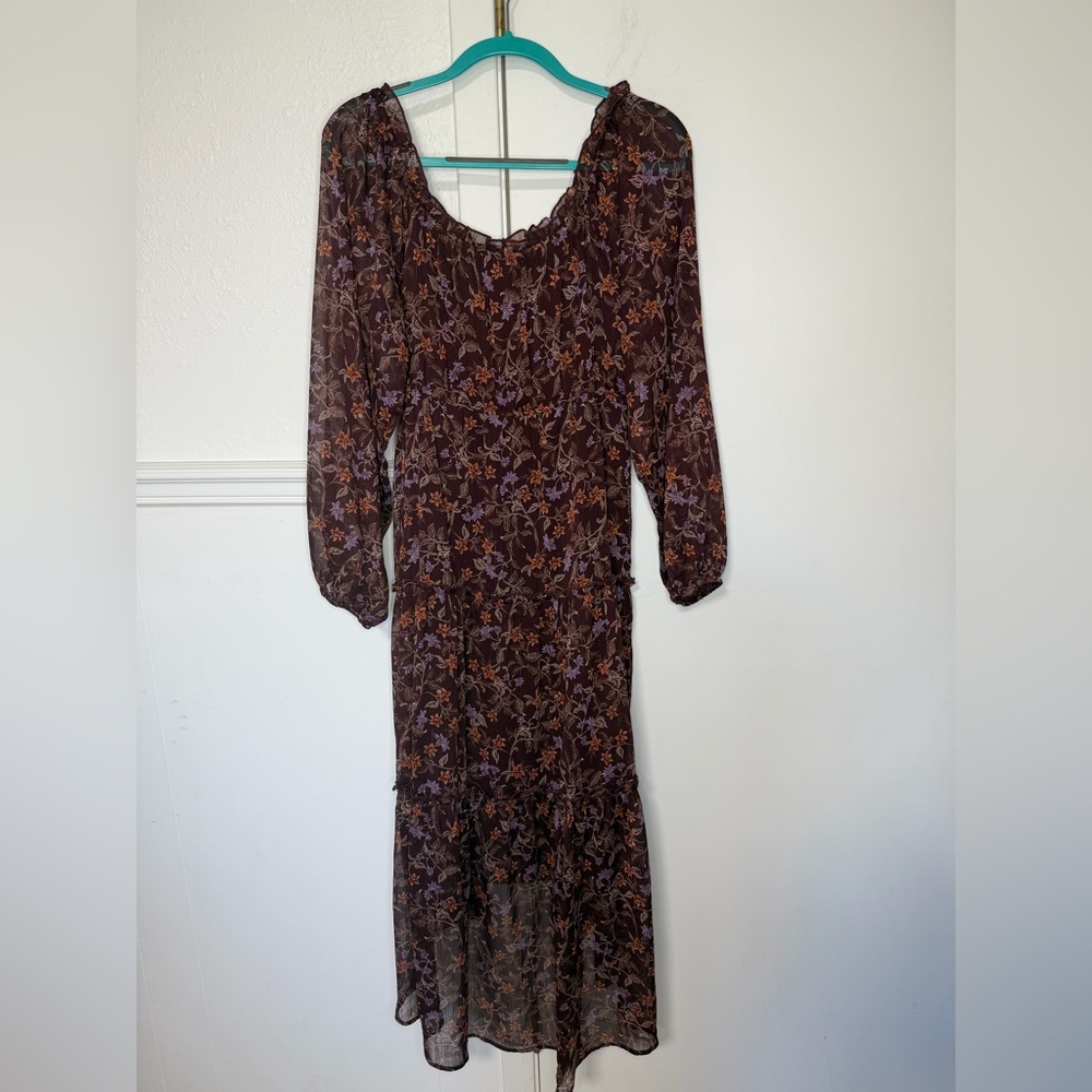 Wild Moss Floral Brown Long-Sleeve Tiered Midi Dress size L